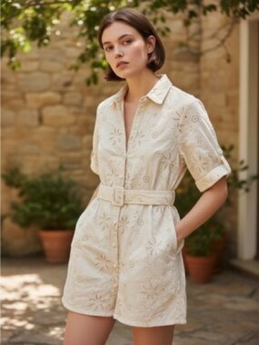 Solitaire Cream Eyelet Belted Mini Shirt Dress